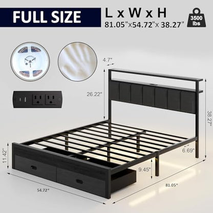 Full Bed Frames with Storage Drawer, Platform Bed with Charging Station and LED Lights, Upholstered Headboard with 2-Tier Storage Shelves, No Box Spring Needed - size: Full, style: Modern