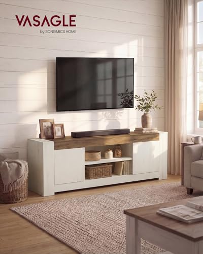 VASAGLE TV Stand, Farmhouse Entertainment Center with Storage Cabinets | Media Console Table for Living Room, Bedroom, for 80 Inch TV, Rustic White and Honey Brown ULTV624W201S - color: Rustic White + Honey Brown, size: 70"L