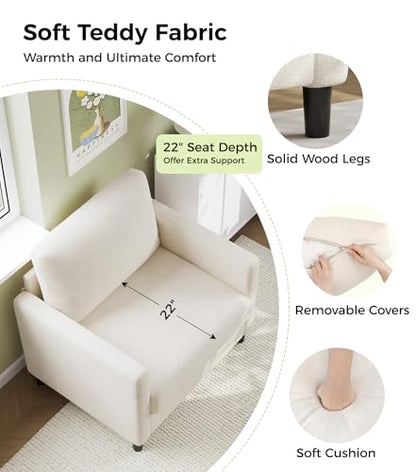 Welzona Sofa Accent Chair, 33" Reading Chair, Comfy Teddy Arm Chairs | Comfy Teddy Fabric, Tool-free Setup, Washable Covers, All-wood Couch Chairs for Living Room, Bedroom, Reading Nook, Beige - color: Beige, size: Standard