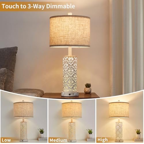 SAIWEYA 26" Set of 2 Farmhouse Table Lamp for Bedroom, Dimmable Touch | 3 Way Dimmable, 2 USB Ports + AC Outlet Bedside Lamp for Nightstand, LED Bulb Included, Fabric Shade, Flower Metal Body - color: White-26in