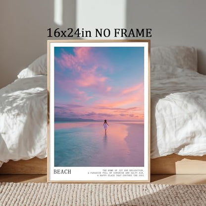 Pink and Blue Coastal Wall Art Cute Preppy Summer Pictures Aesthetic Summer Posters Trendy Beach Pictures Blue Ocean Painting Coastal Cowgirl Artwork Pink Sky Poster for Home Room 16x24inch Frameless - color: C4Unframed