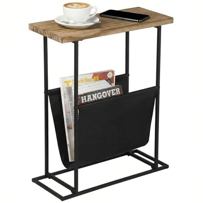 MyGift 21-Inch Modern Narrow Living Room End Table with Solid Burnt Wood Tabletop and Black Metal Frame, Bedroom Nightstand Side Table with Magazine Holder Sling