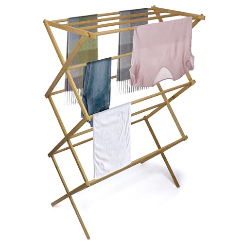 BROOKSTONE, Eco-Friendly Bamboo Drying Rack, Collapsible Laundry Clothes Hanger, 10 Hanging Bars, Minimalist Space Saving Design
