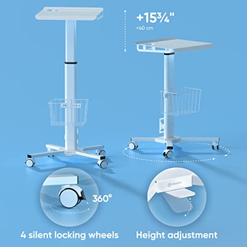 ONKRON Laptop Cart on Wheels, max 17.6 lbs, Portable Workstation, White | Rolling laptop desk with 29.7-45.2" height adjustment, locking wheels and storage basket; for home, office & school