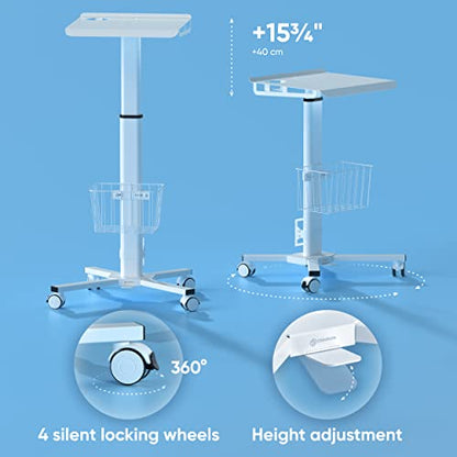 ONKRON Laptop Cart on Wheels, max 17.6 lbs, Portable Workstation, White | Rolling laptop desk with 29.7-45.2" height adjustment, locking wheels and storage basket; for home, office & school