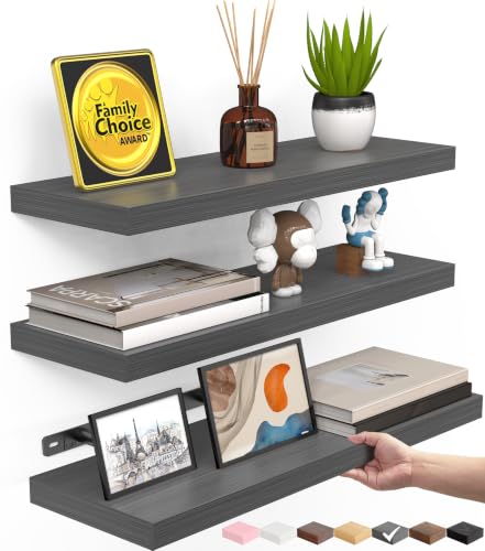 BAYKA Grey Floating Shelves 15.7in, Set of 3, Wall Mounted for Wall Decor | Easy Install, 22lbs Max Load, Hidden Bracket, Shelving for Bathroom Bedroom Kitchen Display Storage, Multi-Wall Compatible - color: F. Grey - Industrial Edge Style, size: 15.7inch