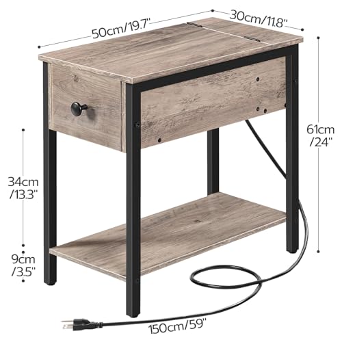 HOOBRO End Table with Charging Station, Narrow Side Table, Small Nightstand, Bedside Tables with Drawer and Storage Shelves, for Small Spaces, Living Room, Bedroom, Greige and Black BG041BZ01G1 - color: Greige+black