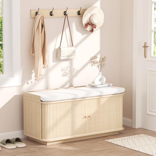 Hall Tree with Bench and Shoe Storage, Entryway Bench with Sliding Door Cabinet, Removable Padded, Metal Wall Hooks and Adjustable Storage Compartments, for Entry, Hallway, Living Room, Oak - color: Oak