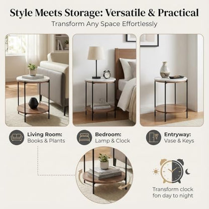 Lyra Round Marble End Table – Solid Acacia Wood Shelf, Open Storage Side Table for Living Room, Bedroom, Entryway, Small Spaces – Nightstand, Plant Stand, Modern Accent Table with Metal Frame - color: Lyra White