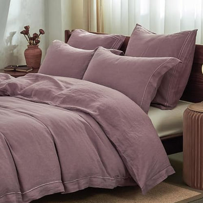 Simple&Opulence 100% Washed Linen Duvet Cover Set with Embroidered,2 Pieces Soft Farmhouse Comforter Set with Button Closure,1 Duvet Cover and 1 Pillowsham(Twin,Purple) - color: Embroidery Purple, size: Twin
