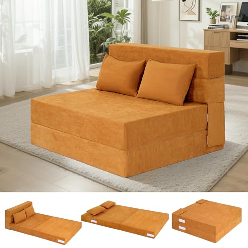 Fvkind Folding Bed Chair w/Pillow Convertible Design Standard Size Yellow | Soft Corduroy Fabric - Guest Bed Function - Living Room & Bedroom - Adults & Family - Washable Cover - color: Yellow, size: Twin