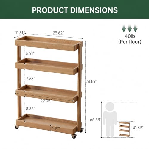 Small Narrow Side Table with Wheels, Skinny End Table for Small Spaces, 4 Tier Side Table for Living Room Bedroom(Natural, 11.81" D x 23.62" W x 31.89" H) - color: Natural, size: 11.81"D x 23.62"W