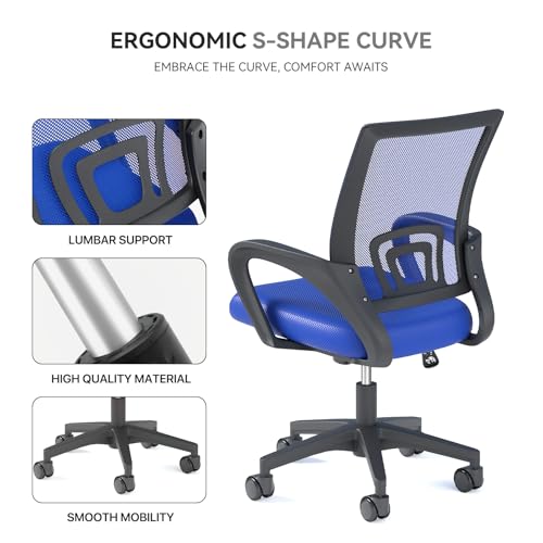 Office Chair, Ergonomic Mid-Back Mesh Desk Chair with Lumbar Support, Adjustable Height Computer Chair with Rolling Wheels Design,Comfy Armrest for Work, Study, Gaming, Navy Blue - color: Navy Blue