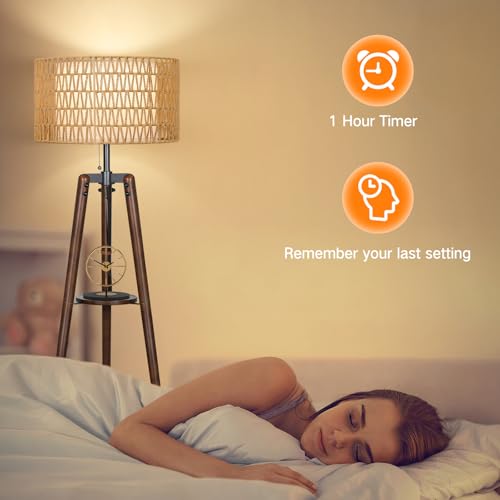 OUTON Boho Rattan Tripod Floor Lamp with Shelves, Dimmable Mid Century Modern Standing Lamp with Remote Control,Wood Tall Floor Lamps for Living Room Bedroom Office Farmhouse Bulb Included, Walnut - color: Walnut