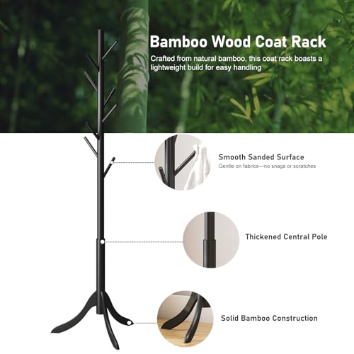 kiplant Black Coat Rack Stand, Bamboo Wood Freestanding Coat Tree with 8 Hooks, Hallway Entryway Hat Hanger Organizer Standing for Bedroom, Office, Clothes, Jackets, Bags, Umbrallas - color: Black