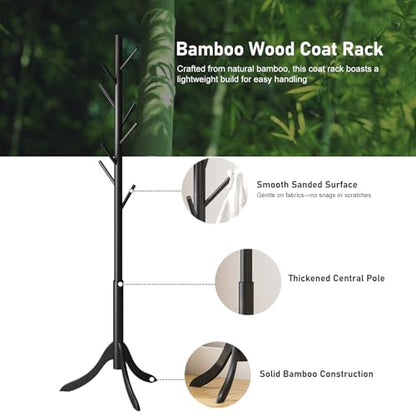 kiplant Black Coat Rack Stand, Bamboo Wood Freestanding Coat Tree with 8 Hooks, Hallway Entryway Hat Hanger Organizer Standing for Bedroom, Office, Clothes, Jackets, Bags, Umbrallas - color: Black