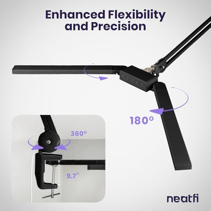 Neatfi Pro LED Desk Lamp | 3,000 Lumens | Dimmable 30W Desk Light | 360 SMD LEDs | CRI 95 | Adjustable Color Temperature | Home, Office, or Workbench (Black, 41-Inch, CCT with Clamp) - color: Black