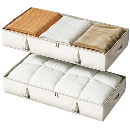 Side-Supported Under Bed Storage Containers, 6 Inches Tall 60L Underbed Storage Bins with Sturdy Handles and Sidewalls, Closet Organizer for Clothes, Blankets, Seasonal Items, Beige, 2-Pack | Underbed Storage Bin with Sturdy Handles and Sidewalls, Closet