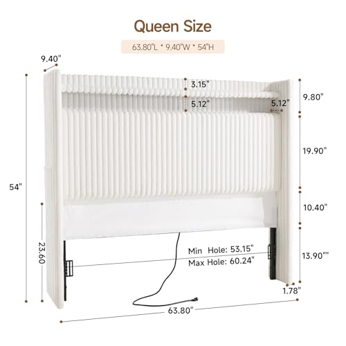 54" Tall Headboard Queen Size with Storage, LED Light, Corduroy Wingback Headboard with Charging Station, Upholstered Head Board Queen w/High-Density Sponge Padding, Storage Pockets, Off White