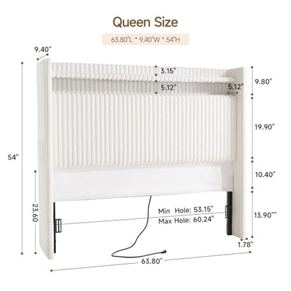 54" Tall Headboard Queen Size with Storage, LED Light, Corduroy Wingback Headboard with Charging Station, Upholstered Head Board Queen w/High-Density Sponge Padding, Storage Pockets, Off White