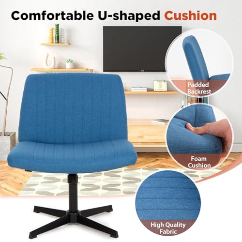 Criss Cross Chair, Armless Cross Legged Office Chair, Comfortable Vanity Chair with Back, Fabric Adjustable Wide Swivel Criss Cross Desk Chair for Home Office, Blue - color: Blue