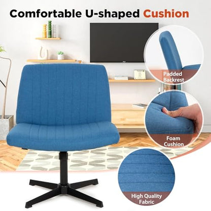 Criss Cross Chair, Armless Cross Legged Office Chair, Comfortable Vanity Chair with Back, Fabric Adjustable Wide Swivel Criss Cross Desk Chair for Home Office, Blue - color: Blue
