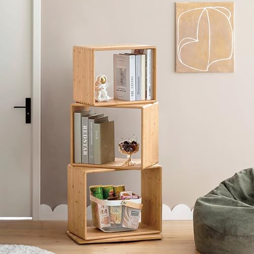 3-Tier Modern Rotating Bamboo Bookcase, DIY Free-Standing Bookshelf Large Capacity Creative Open Book Cabinet, 2 in 1 Nightstand Storage Organizer Lattice Shelf for Home, Office, Living Room, 3-Cube - size: 3-Tier