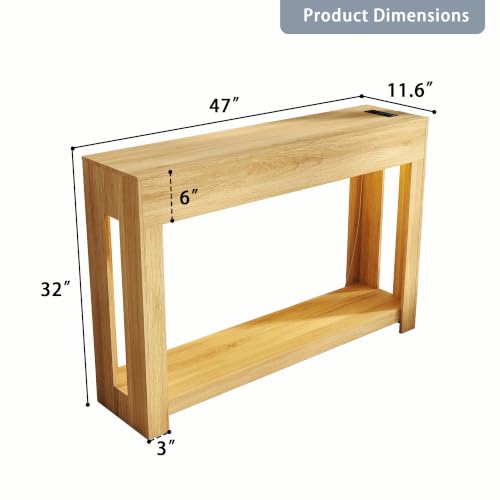 Wood Console Table Entryway：47" Oak Narrow Entryway Table with Outlet | Behind the Couch Tables with LED, Modern Console Tables for Hallway, Living Room