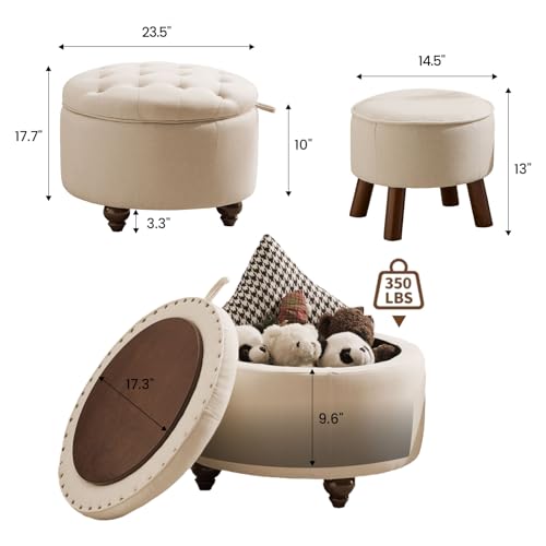 24Inch Round Storage Ottoman, Set of 2, Modern Button Tufted Coffee Table with Removable Top, Upholstered Ottoman with Storage Footrest Stool for Living Room, Bedroom (Khaki) - color: Khaki