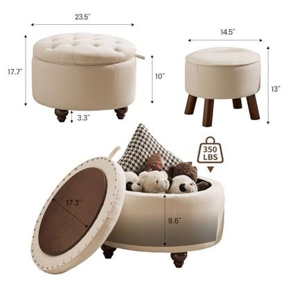 24Inch Round Storage Ottoman, Set of 2, Modern Button Tufted Coffee Table with Removable Top, Upholstered Ottoman with Storage Footrest Stool for Living Room, Bedroom (Khaki) - color: Khaki
