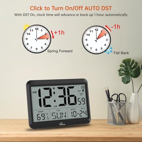 Self-Setting Atomic Digital Wall Clock with Auto DST | Battery Operated, Large Display with Temperature, Date and Day, 4 Time Zones, Wall Mount/Desktop Clock for Classroom, Office - size: Medium