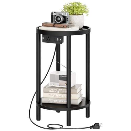 HOOBRO Small Round Side Table with Charging Station, 2-Tier Round Bamboo End Table, Compact Sofa Bedside Table for Small Space, Easy Assembly, for Living Room, Bedroom, Apartment, Black BB156UBZ01 - color: Black