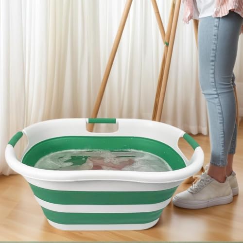 SAMMART 40L (10.5 gallon) Collapsible Plastic Laundry Hamper - Foldable Pop Up Storage Container/Organizer - Portable Washing Tub - Space Saving Basket (1, White/Winter Green) - color: White/Winter Green