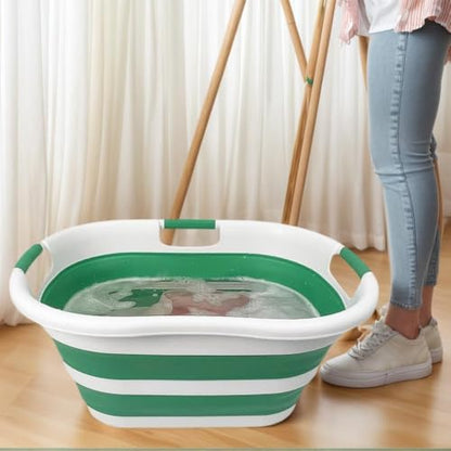SAMMART 40L (10.5 gallon) Collapsible Plastic Laundry Hamper - Foldable Pop Up Storage Container/Organizer - Portable Washing Tub - Space Saving Basket (1, White/Winter Green) - color: White/Winter Green