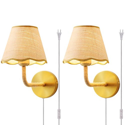 Set of Two Plug in Wall Sconce with 70.8inch Cord and Switch, Hand Woven Ratten Wall Sconces with Grass-Woven Lampshade for Bedroom Living Room Hallway Porch, E26 Base - size: 2-Pack Plug in
