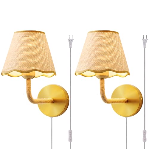 Set of Two Plug in Wall Sconce with 70.8inch Cord and Switch, Hand Woven Ratten Wall Sconces with Grass-Woven Lampshade for Bedroom Living Room Hallway Porch, E26 Base - size: 2-Pack Plug in