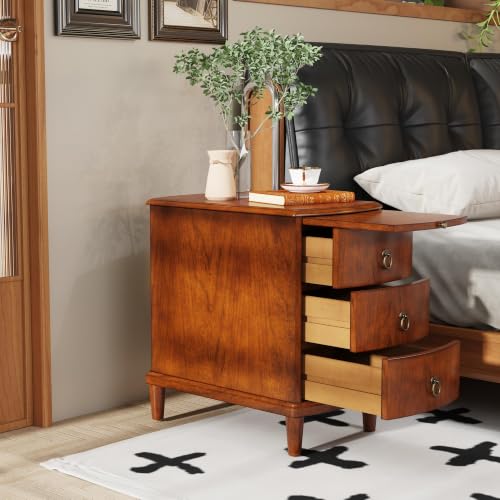 Narrow End Side Table with Slide-Out Tray and 3 Storage Drawers, Wood Sofa Beside Table for Small Space, No-Tools Assembly, Nighstand for Bedroom, Living Room, 13”W x 22”L x 22.6”H,Beeswax BG-A1569-MG