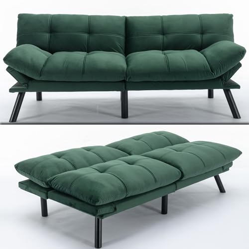 71" Velvet Futon Couch Bed with Mattress Included,Convertible Folding Sleeper Sofa Bed with Adjustable Backrests,Modern Loveseat Sleeper for Living Room Bedroom Small Space Home Office (Green)