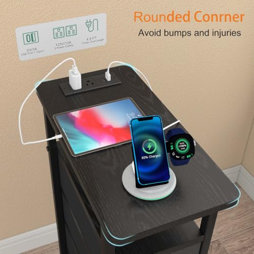 sthmec Nightstand Set 2 with Charging Station, Narrow End Table Set of 2 with 4 Drawers, LED Side Table with Fabric Drawers,Slim Sofa Couch Tables for Small Spaces,Living Room,Bedroom, Black - color: Black, style: Power & LED