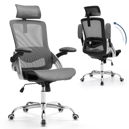 Fizzin Office Chair Mesh Desk Chair with 3D Armrests Computer Chair | Ergonomic Office Chair with Adjustable Lumbar Support and Headrest 125° Tilt and Wide Mesh Cushion High Back Home Desk Chair - color: Black-gray