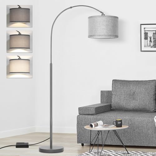 Arc Floor Lamp with Dimmer,Dimmable Floor Lamp with Gray Adjustable Shade | Arched Modern Standing Lamp, Tall Pole Lamp Reading Light for Living Room, Bedroom, Over Couch, Office, 9W LED Bulb Included - color: Metal Gray Base with Gray Shade