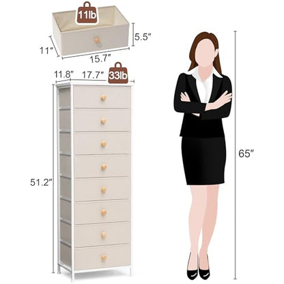 Fabric Dresser for Bedroom, 8 Drawer Tall Vertical Skinny Tower (Beige) | Wooden Top, Steel Frame, Easy Pull Bin,Organizer Unit for Living Room, Hallway, Entryway, Nursery, Closets - color: Beige, style: Narrow-8 Drawers