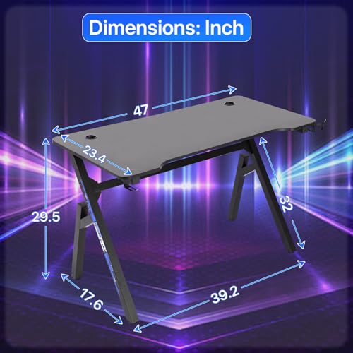 BLKMTY 47 Inch Gaming Desk R-Shaped Computer Desk with Headphone Hook and Cup Holder, Modern Gamer Desks Table for Home Office Dorm Sturdy Writing Workstation, Carbon Fiber Black, Blue - color: Blue, size: 47.2" R-shaped