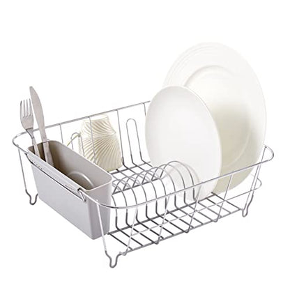 Dish Drying Rack & Cutlery Holder 2 Piece Set - Compact Sink-Fitting Dish Drainer with Rubberized Undercoating, Space-Saving Kitchen Organizer for Plates, Cups, Bowls & Utensils in Sink, Silver - color: Silver