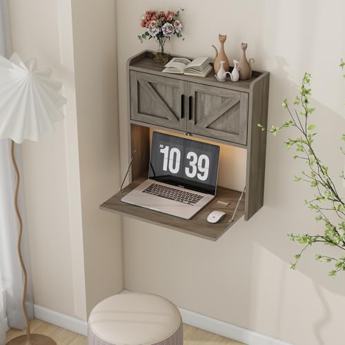 ARTETHYS Wall Mounted Desk Folding with Light Drop Down Hanging Desk,Gray | Multifunctional Fold Down Laptop Computer Table, Writing Workstation with Storage Compartments, Space Saving for Home - color: Grey