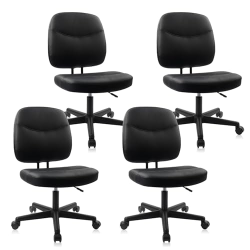 CLATINA Armless Home Office Chair, Small PU Leather Ergonomic Low Back Desk Chair with Lumbar Support and Wheels, Adjustable Height 360° Swivel Rolling Computer Task Chair, Black, 4 Pack - color: Black-heihu, size: 4 Pack