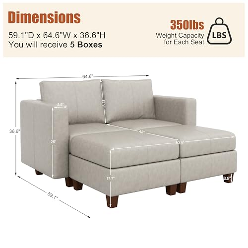 MINCETA Modular Sectional Sofa, Modern Comfy Sofa with Upholstered and Storage Ottoman for Living Room,Bedroom(Light Grey, 4 Seat Sofa Bed) - color: Light Grey, size: 64.6"W*59.1"D