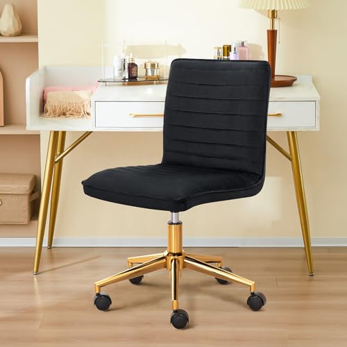Furnimart Black Swivel Armless Desk Chair with Wheels, Small Velvet Upholstered Home Office Chair Mid-Back Adjustable Chair for Bedroom Dorm Living Room (Velvet-Black) - color: Velvet-black