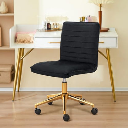 Furnimart Black Swivel Armless Desk Chair with Wheels, Small Velvet Upholstered Home Office Chair Mid-Back Adjustable Chair for Bedroom Dorm Living Room (Velvet-Black) - color: Velvet-black