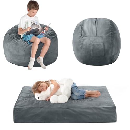 Bean Bag Chairs for Kids- Small Bean Bag Convertible Floor Sofa | 3 IN 1 Lounger Couch Sofa, Memory Foam Filling, Removable Velvet Cover, Machine Washable, Classroom Reading Nook Charcoal - color: Charcoal, size: Small